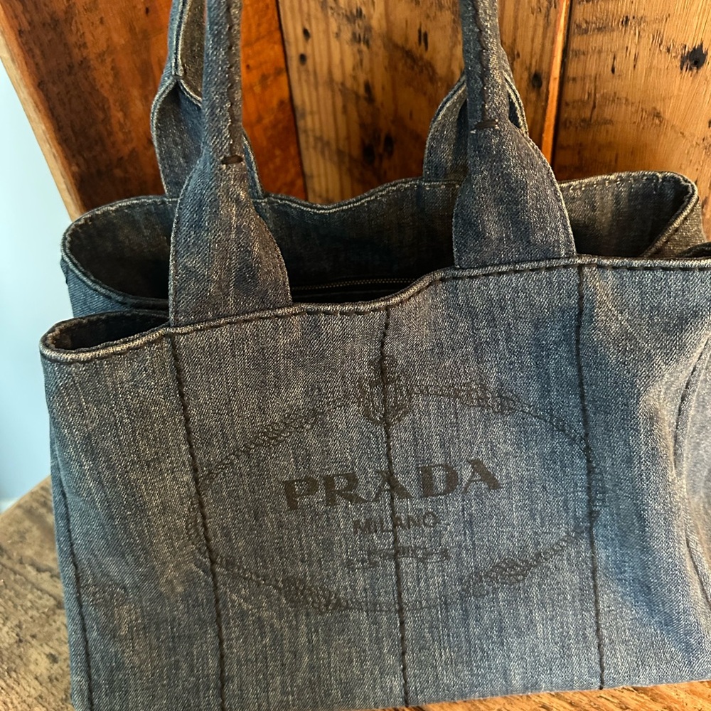 Prada Canapa Denim Tote Bag in Dark Blue with Logo